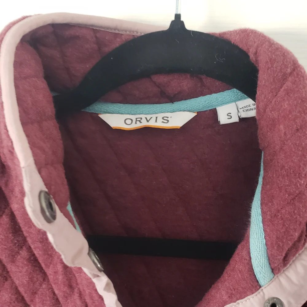 Orvis Maroon Quilted Pullover Sweater Jacket Pink Trim 100% Cotton Pockets #75 - Picture 4 of 8